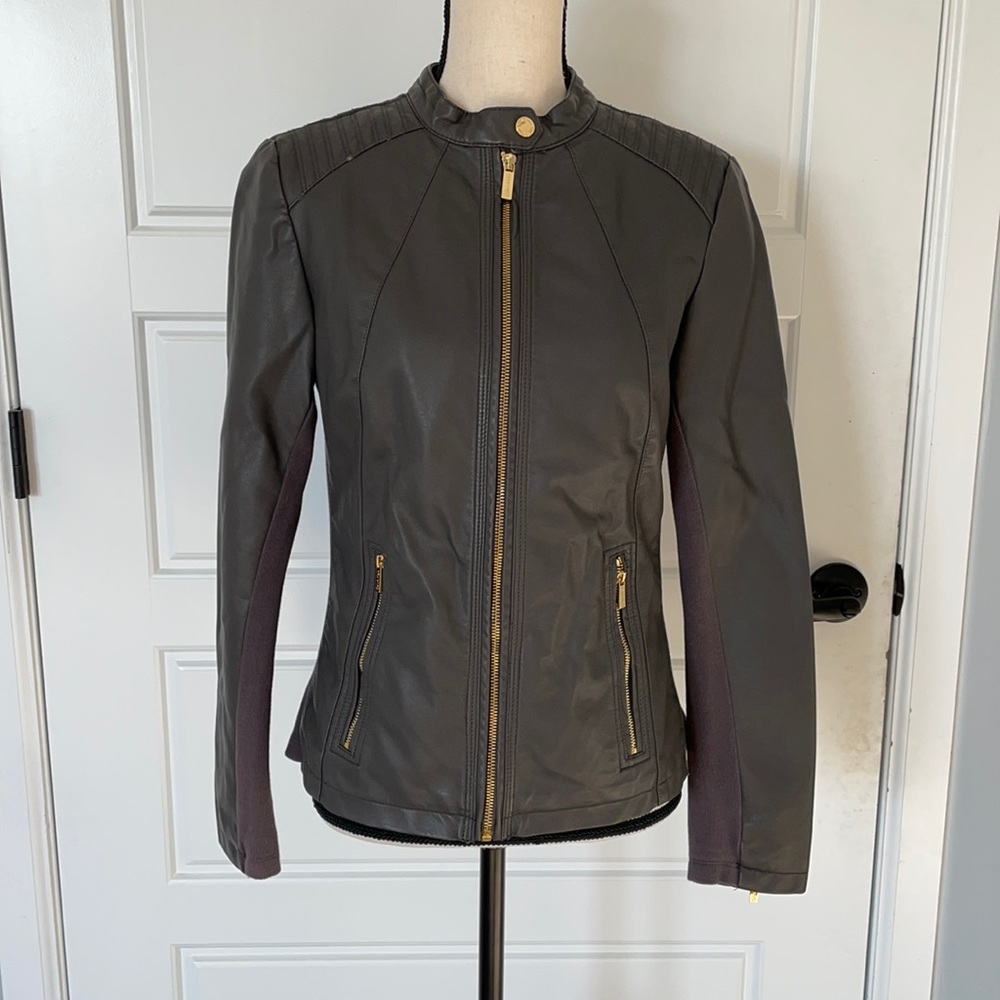 NWT Calvin Klein faux leather grey moto jacket w/gold zipper detail.